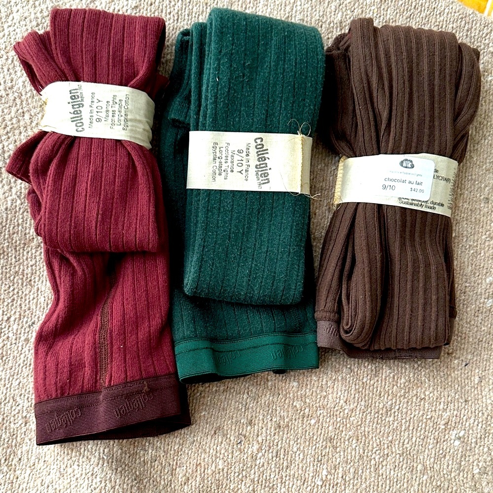 Collegien Footless Tights For Kids Bundle - Burgundy, Green, Brown 9/10 years